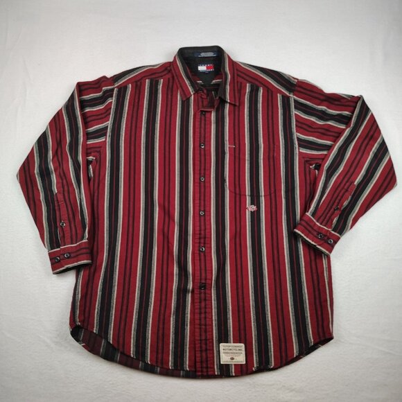 VTG Tommy Hilfiger Striped Shirt Mens Medium Red Motorcycle Cotton - Picture 1 of 9